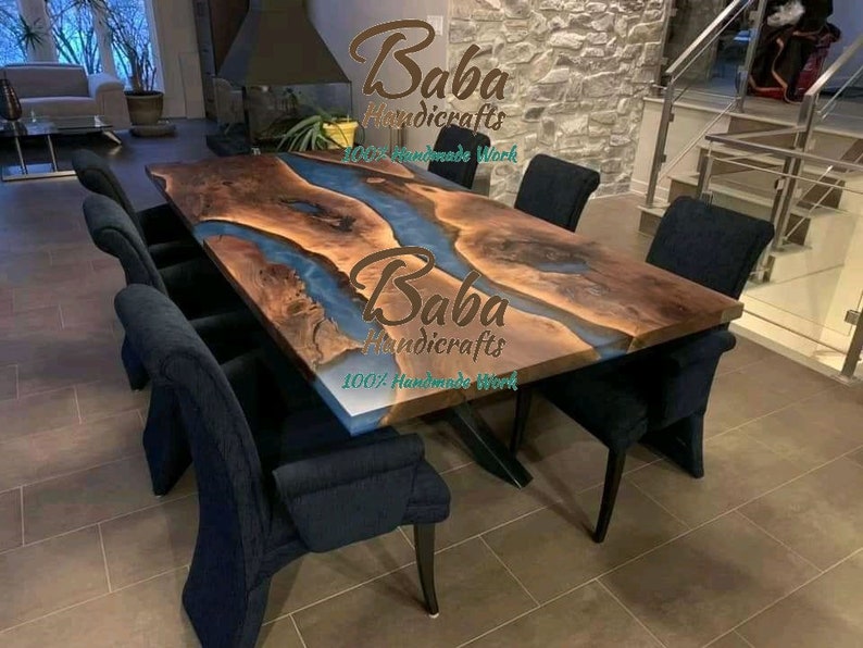 Luxury epoxy wooden Dining Table Long Walnut Tables Blue epoxy Table top , Resin River Tables Live Edge Table River Table ocean resin table 