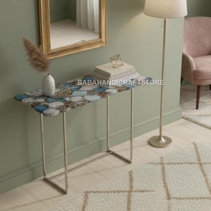 Luxury Stone Console Table | Blue Agate & Quartz Console Table | Modern Entryway Accent Table | Stone Top Sofa Table | Slim Hallway Table |