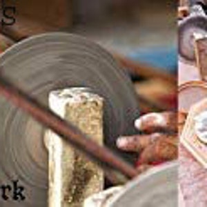 May include: Image showing the process of marble inlay work. The image includes close-ups of the tools and artisans at work, including grinding and shaping the marble. The text "BABA HANDICRAFTS" and "Process of marble inlay work" are visible.
