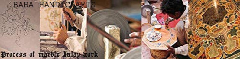 May include: Image showing the process of marble inlay work. The image includes close-ups of the tools and artisans at work, including grinding and shaping the marble. The text "BABA HANDICRAFTS" and "Process of marble inlay work" are visible.