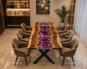 Purple Amethyst Epoxy Resin Table, Live Edge Wood River Table with Crystals, Custom Luxury Conference Table, Modern Dining Room Tabletop |