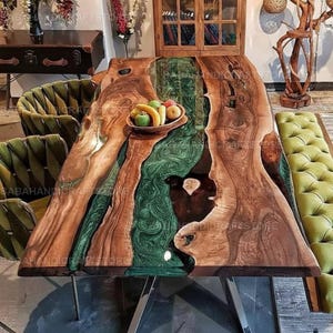 Handmade Live Edge Wood & Green Epoxy River Tabletop | Natural Solid Wood Dining Table Slab Acacia Wood River Epoxy Resin Dining Table |