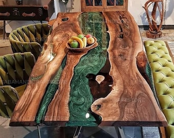 Handmade Live Edge Wood & Green Epoxy River Tabletop | Natural Solid Wood Dining Table Slab Acacia Wood River Epoxy Resin Dining Table |