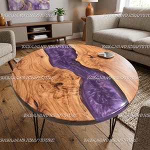 Luxury Purple Epoxy Resin Round Table | Live Edge Wood Coffee Table | Handmade Statement Furniture Living Room & Office Coffee Table Top |