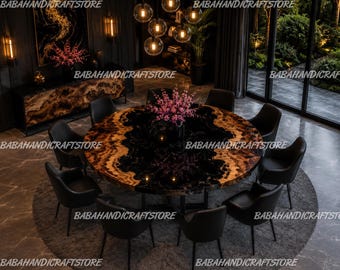 Black Epoxy River Round Coffee Table, Walnut Live Edge Resin Table, Luxury Handmade Dining Room Furniture, Modern Custom Tabletop |