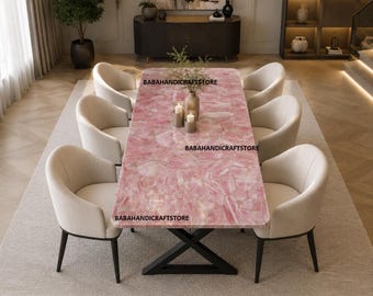 Handmade Pink Rose Quartz Gemstone Coffee Table Top, Luxury Crystal Furniture