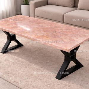 Luxury Pink Agate Rectangular Coffee Table – Modern Gemstone Centerpiece, Black Metal Base