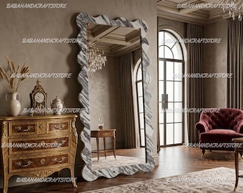 Luxury Unique Wavy White Marble Full Length Leaning Mirror - Large Wiggle Stone Frame for Eclectic, Minimalist, & MCM Home Decor Mirror |