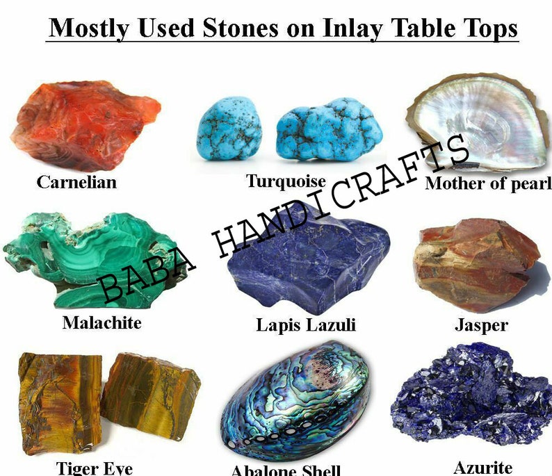 May include: A collection of various gemstones, including carnelian, turquoise, mother of pearl, malachite, lapis lazuli, jasper, tiger eye, abalone shell, and azurite. The text at the top reads "Mostly Used Stones on Inlay Table Tops."