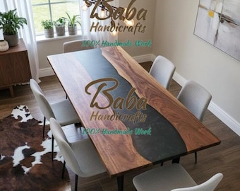 Live Edge Walnut Epoxy River Dining Table | Custom Resin Wood Kitchen Table | Modern Rustic Furniture Solid Walnut Wood Dining Table Top |