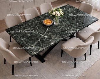 Handmade Green Marble Dining Table - Large Rectangle Verda Alpi Marble Kitchen Table - Modern Custom Luxury Elegant Coffee Dining Table Top