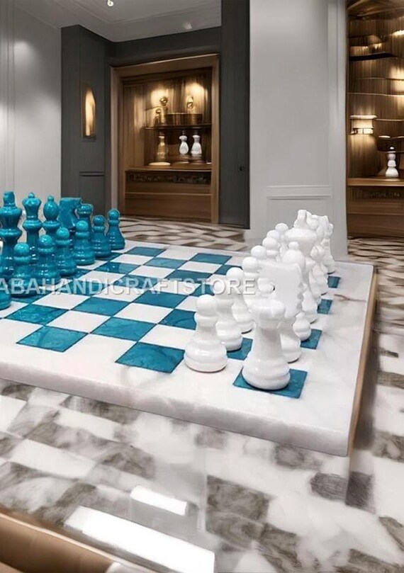 Blue White Marble Chess Set | Handmade Stone Chessboard | Elegant