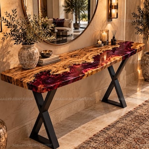 Handmade Live Edge Burl Wood Console Table, Deep Magenta Epoxy River, Narrow Hallway Table