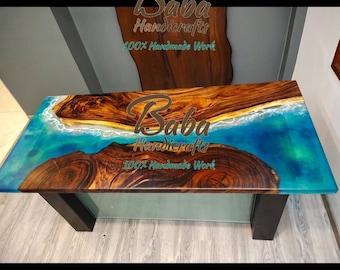Custom Epoxy Resin River Dining Table – Live Edge Walnut Wood – Handmade Rustic Modern Furniture for Home or Office
