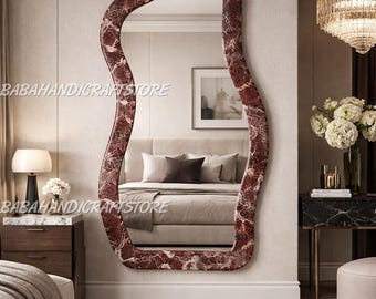 Luxury Red Marble Wall Mirror, Irregular Designer Mirror, Statement Bedroom Decor, Modern Living Room Accent, Handmade Stone Frame Mirror |