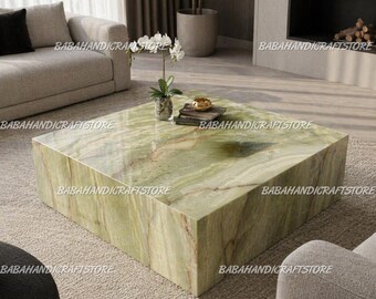 Luxury Green Onyx Marble Coffee Table, Handcrafted Solid Stone Center Table, Modern Living Room Statement, High-End Home Decor Table |
