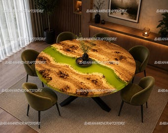 Round Epoxy River Living Table | Custom Live Edge Olive Burl Wood Kitchen Table | Luxury Green Resin Coffee Table Mid-Century Dining Table |