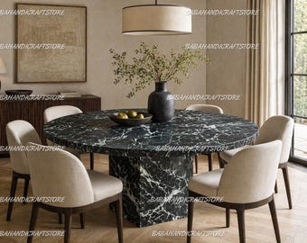 Luxury Black Marble Dining Table, Round Stone Table Top, Modern Pedestal Dining Table, Handcrafted Marble Furniture, Kitchen & Dining Table