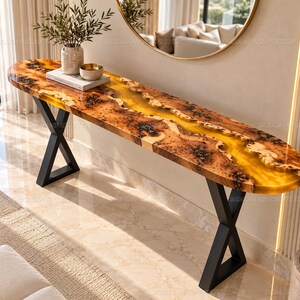 Handcrafted Yellow Epoxy Burl Wood Console Table, Live Edge River Design, Custom Entryway Furniture