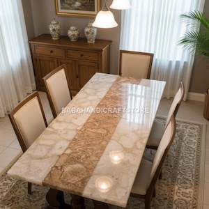 Juego de mesa de comedor de mármol ónix de lujo / Tablero personalizado de ónix blanco y marrón / Base de pedestal de madera oscura / Tablero de mesa de centro tapizado /