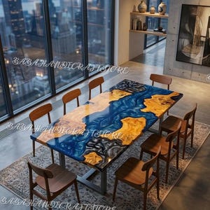 Modern Premium Blue Epoxy River Dining Table – Natural Wood Live Edge Table – Modern Coffee Workspace Meeting Home Decor Dining Table Top |