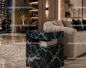 Luxury Green Marble Side Table - Modern C-Shaped End Table for Living Room - Natural Stone Nightstand - Handcrafted Minimalist Accent Table