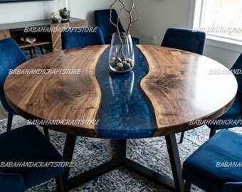Luxury Blue Epoxy River Dining Table, Handcrafted Live Edge Wood Table, Modern Round Dining Table, Kitchen Table, Statement Dining Table |