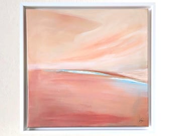 Original Abstract Sunset Painting on Canvas, Framed Minimalist Landscape, Orange Wall Decor 16x16