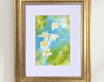 Abstract Floral Painting: Green, Blue & Gold Leaf- Framed Original 5x7 Artwork on Paper