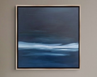 Original Abstract Seascape Painting on Canvas, Framed Landscape Wall Art Dark Ocean at Night, Dark Blue Minimalist Painting, 25.75"x25.75"