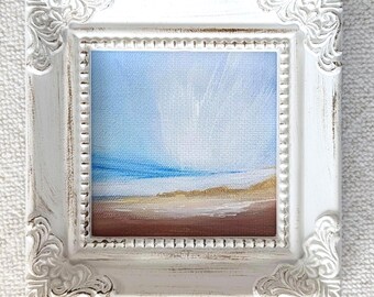 Mini Ocean Wall Art Print on Canvas: Framed 3x3 Bright Coastal Seascape, Hand Embellished