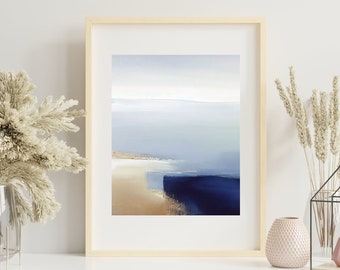 Abstract Ocean Print on Paper, Minimalist Beach Wall Art, Original Seascape Painting, Serene Coastal Wall Decor Print Blue and Gold