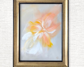 Peach & Yellow Blossom Painting: 9x12 Framed Original Floral Art on Canvas Panel