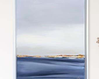Original Coastal Art: Abstract Seascape Painting on Canvas Calm Water View 16x20 Framed