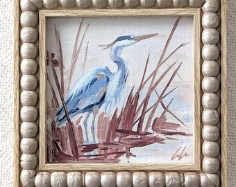 Small Bird Wall Art Print on Canvas: Framed Gray Heron Marsh Wall Decor 4x4