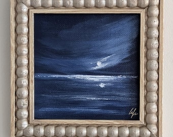 Small Ocean Wall Art: Original Framed 4x4 Moonlight Seascape Painting on Canvas