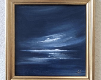 Original Ocean Art: Hand-Painted Seascape At Night 8x8 Canvas Panel w. Frame Options