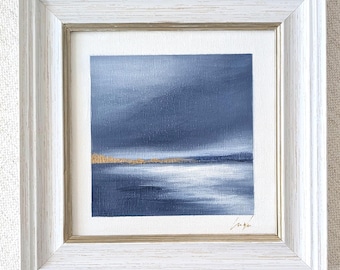 Original Coastal Painting, Small Framed Blue Ocean Art, Hand Painted on 6x6 Canvas Panel
