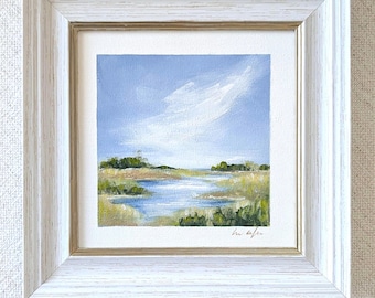 Original Landscape Painting, Small Framed Coastal Marsh Wall Art on 6x6 Canvas Panel