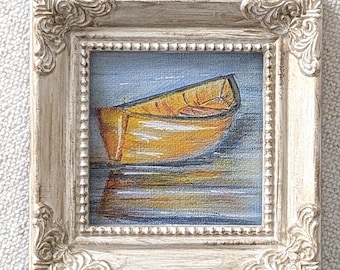 Mini Boat Art Print on Canvas: Rowboat at Sea, Hand Embellished Framed 3"x 3"