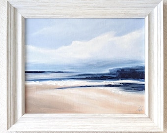 Framed Original Ocean Painting: Coastal Canvas Art of a Secluded Beach, 8x10 Wall Decor