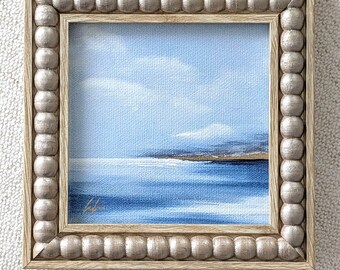 Mini Ocean Wall Art Print on Canvas: Framed 3x3 Cloudy Seascape, Hand Embellished