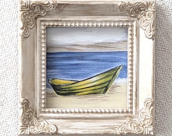 Mini Boat Painting Print on Canvas: Rowboat on Beach, Hand Embellished Framed 3"x 3"