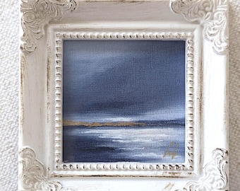 Mini Ocean Art Print on Canvas: Framed 3x3 Moody Dark Seascape, Hand Embellished