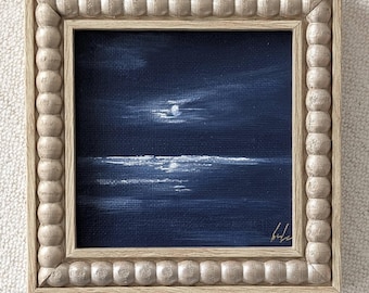Ocean Art on Canvas: Original Framed 4"x 4" Moonlight Seascape Painting