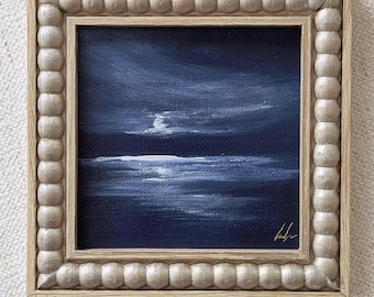 Mini Ocean Painting on Canvas: Framed 4"x 4" Moonlight Seascape, Original Wall Art