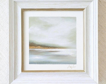 Original Landscape Painting, Small Framed Coastal Art on 6x6 Canvas Panel