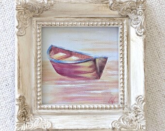 Framed Mini Art Print of a Pink Boat: Hand Embellished 3"x3", Vintage Look Frame