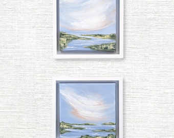 Set of 2 Original Marsh Paintings: Framed Coastal Art 6x6 Each