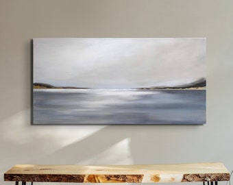 Original Landscape Painting, Hand Painted Coastal Farmhouse Wall Art, Seascape Painting in Muted Colors, Neutral Ocean Art, 15x30